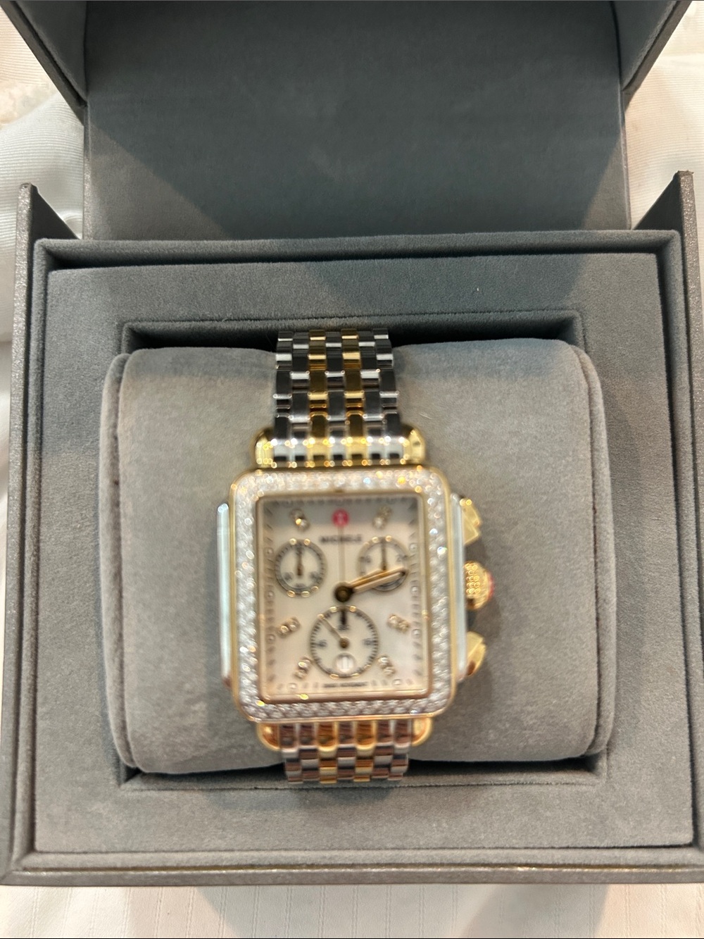 Michele Two-Tone Gold and Silver Diamond-Accent Deco Chronograph Watch